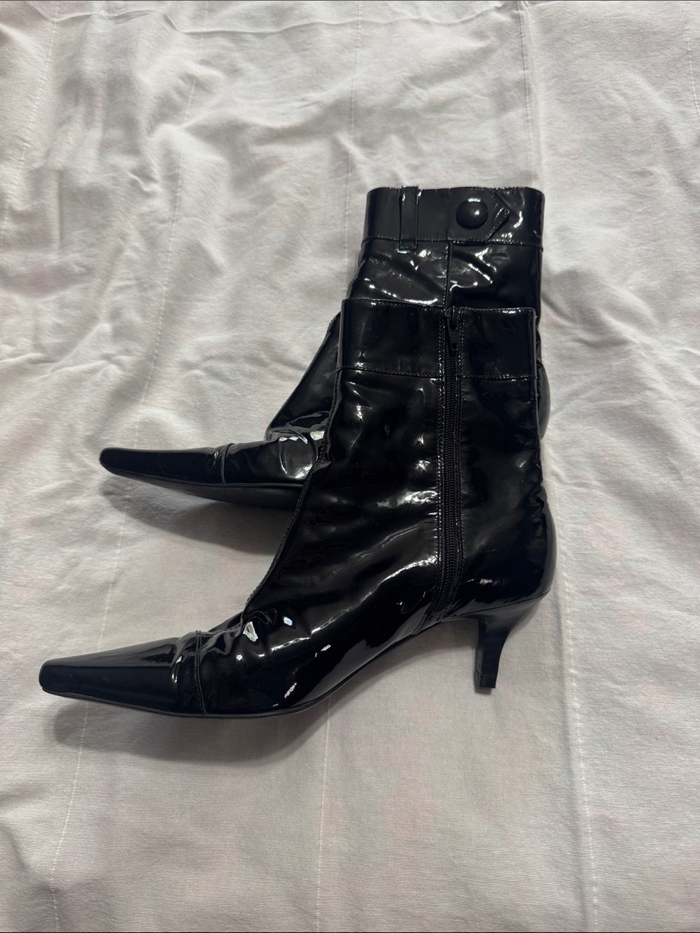 BCBG Black Patent Pointed Toe Kitten Heel Ankle Booties